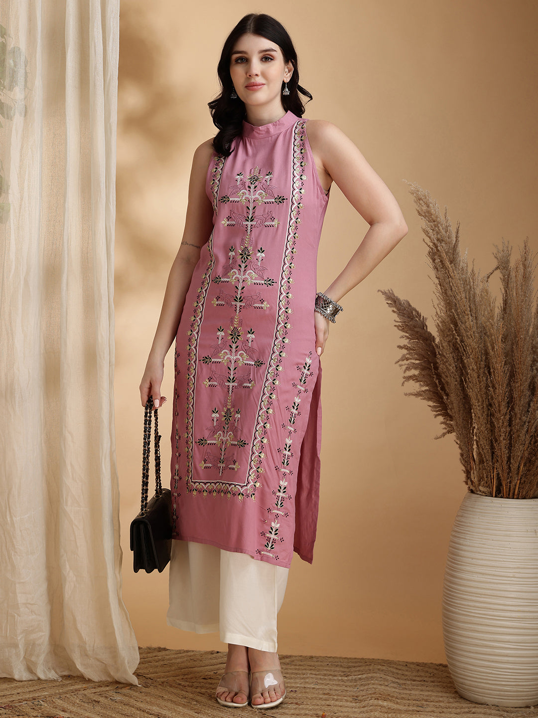 Candy Floss Pink Rayon With Full Embroidered Straight Cut Sleeveless Cor-ord Set